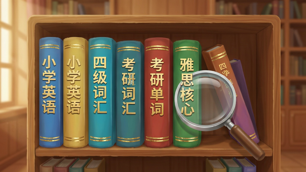 超会记单词海量词库界面,画面展示一个虚拟书架,书架上排列着不同颜色的词汇书,书脊上写着\
