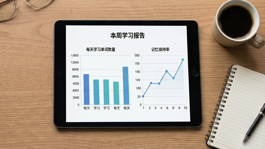 超会记单词学习数据统计界面,画面是一个平板电脑屏幕,屏幕上显示柱状图和折线图,图表标题为\