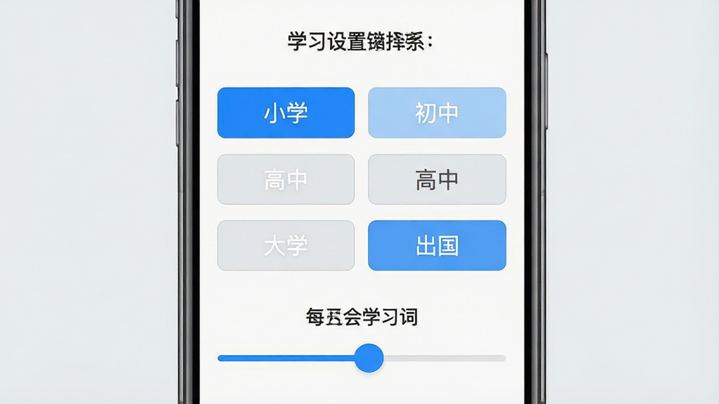 超会记单词新手设置引导界面,画面展示一部手机屏幕,屏幕上显示学习目标选择页面,有\