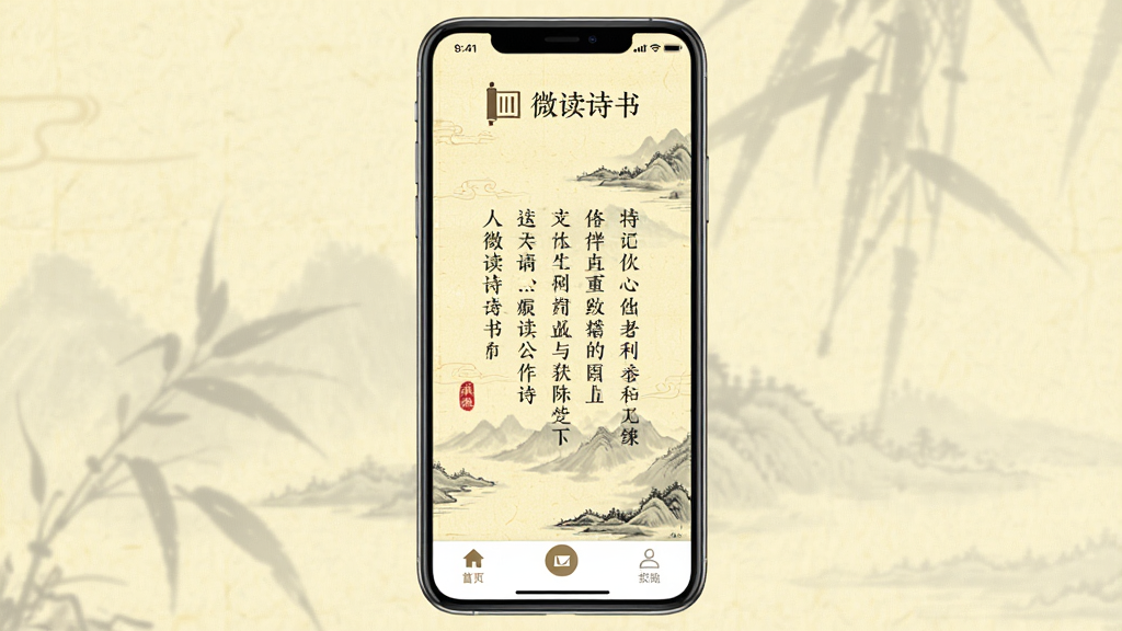微读诗书手机应用界面展示,主体为竖版手机屏幕,屏幕中显示古风诗词阅读页面,背景为淡黄色宣纸纹理,布局采用居中排版,上方有书卷图标与微读诗书文字,风格为清新中国风,细节包括水墨山水点缀、竖排诗词文字、底部导航按钮,画质清晰,干净,无多余元素