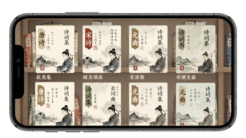微读诗书诗词库界面,主体为手机屏幕展示分类书架,布局为网格状排列的诗词集封面,排版清晰有序,风格为古典雅致中国风,细节包括唐诗宋词元曲等分类标签、封面水墨插画、淡雅配色,画质清晰,干净,无多余元素