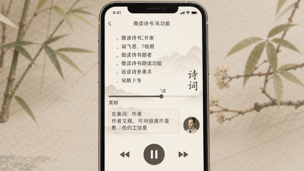 微读诗书朗读功能界面,主体为手机屏幕显示诗词朗读页面,布局上方为诗词文字下方为播放控制条,排版简洁明了,风格为柔和古典风,细节包括朗读进度条、赏析文字区域、作者头像、播放暂停按钮,画质清晰,干净,无多余元素