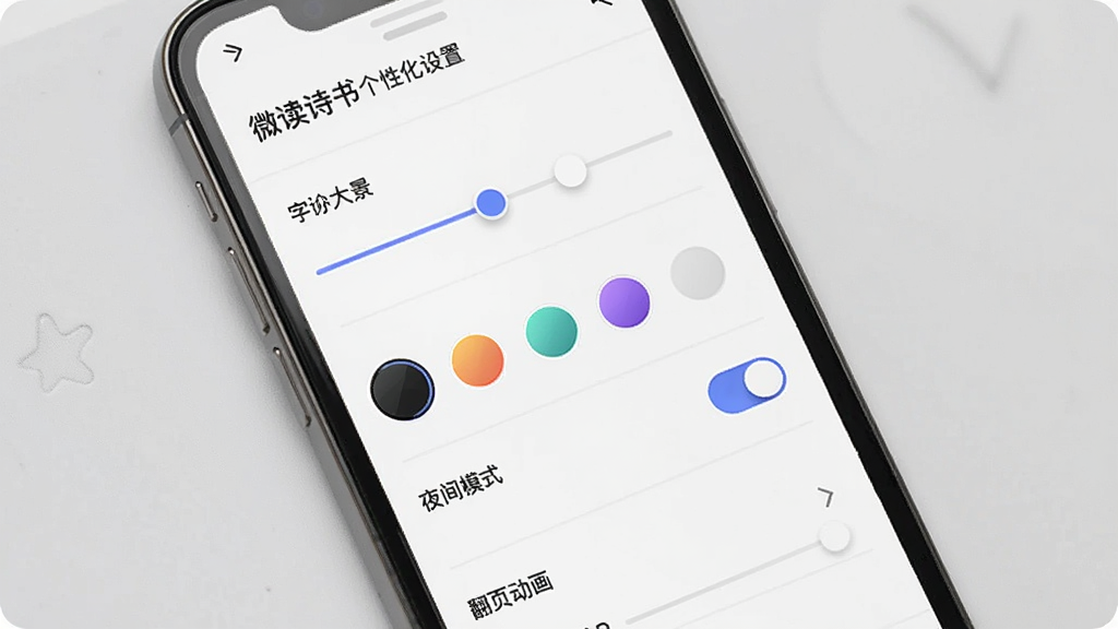 微读诗书个性化设置界面,主体为手机屏幕展示设置面板,布局为列表式选项排列,排版整齐规范,风格为简约现代风,细节包括字体大小调节滑块、背景颜色选择圆圈、夜间模式开关、翻页动画选项,画质清晰,干净,无多余元素