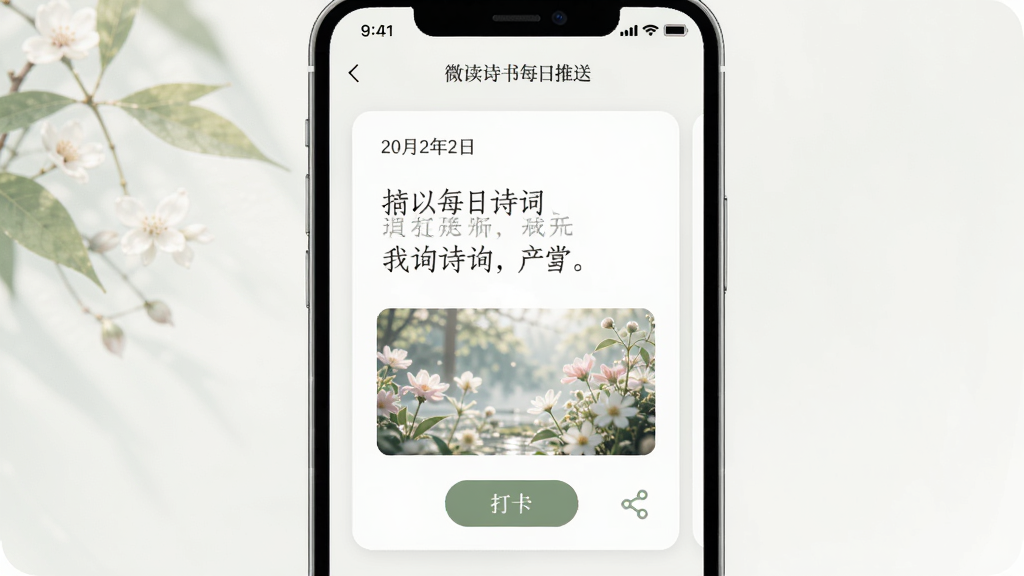 微读诗书每日推送界面,主体为手机屏幕显示每日诗词卡片,布局为卡片式居中展示,排版优雅大方,风格为文艺清新风,细节包括日期标注、诗词正文、精美配图、打卡按钮、分享图标,画质清晰,干净,无多余元素