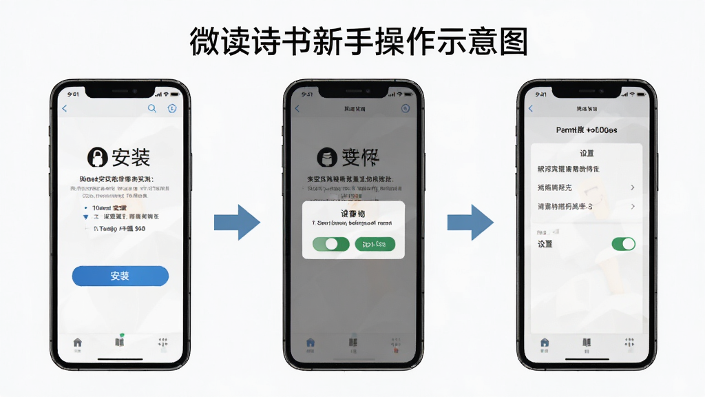 微读诗书新手操作示意图,主体为手机屏幕展示安装与权限设置流程,布局为步骤式截图排列,排版清晰直观,风格为简约教程风,细节包括安装按钮、权限弹窗、设置开关、箭头指引,画质清晰,干净,无多余元素