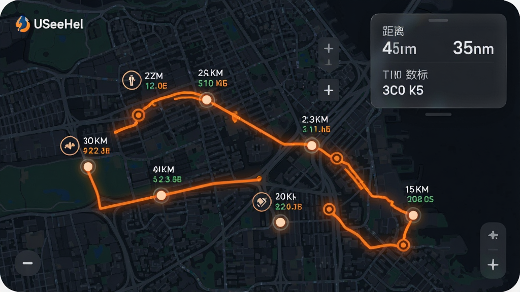 USeeHel应用中的GPS运动轨迹记录功能展示图,画面以一张城市地图为背景,地图上有一条用亮橙色线条标记的跑步轨迹,轨迹上分布着若干个圆形节点标注每公里配速数据,地图角落有一个半透明的数据面板显示距离、时间和配速,整体采用深色地图底图搭配高亮轨迹线,风格现代科技感,画质清晰干净,无多余装饰元素。