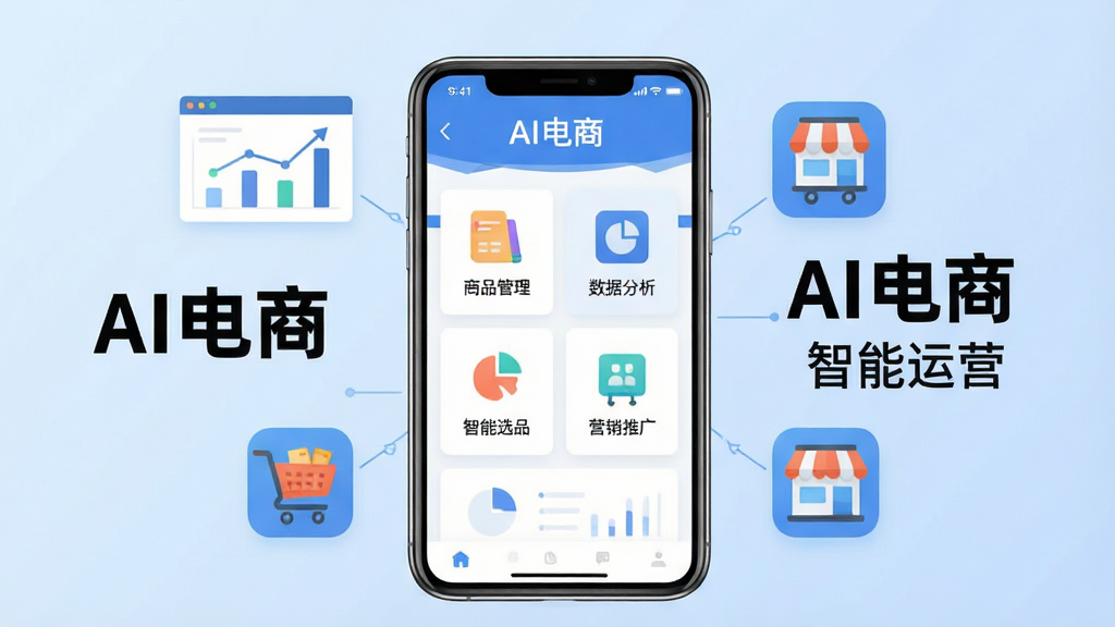 软件核心全貌展示图,画面中央放置一部智能手机,手机屏幕上显示AI电商软件的主界面,界面中包含商品管理、数据分析、智能选品、营销推广等功能模块图标,背景为简洁的浅蓝色渐变,周围环绕数据图表、购物车、店铺图标等电商元素,整体风格为扁平化科技风,排版居中对称,细节清晰,画质干净,无多余元素,图片中文字标注“AI电商”和“智能运营”
