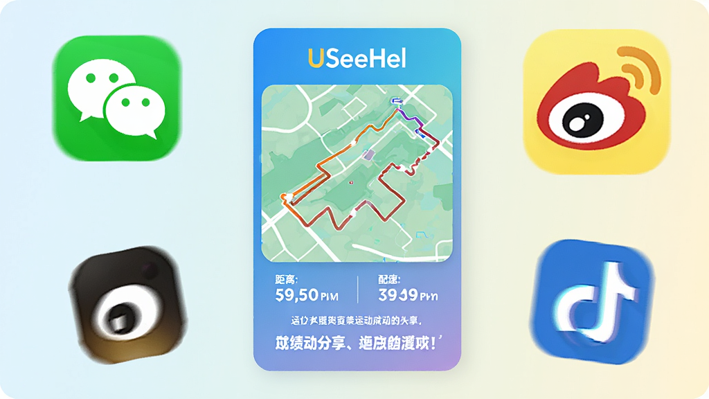USeeHel应用的运动成绩分享海报展示图,画面中央是一张竖版海报,海报上有跑步轨迹地图、距离数据、配速数据和鼓励文字,海报周围有微信、微博等社交平台图标环绕,背景为浅色渐变,整体风格清新活力,画质干净清晰,无多余装饰。