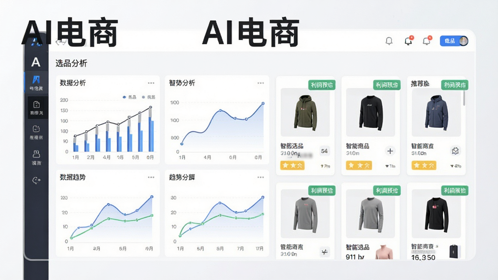 智能选品引擎功能展示图,画面主体为AI电商软件界面中的选品分析页面,左侧显示数据图表和趋势曲线,右侧列出推荐商品卡片,每个卡片带有评分和利润预估标签,背景为白色与浅灰色搭配,风格简洁商务,排版整齐,细节清晰,画质干净,无多余元素,图片中文字标注“AI电商”和“智能选品”