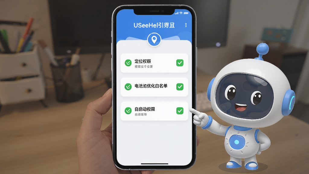 USeeHel应用的新手设置引导界面图,画面展示一部手机屏幕上显示权限设置引导页面,包含定位权限、电池优化白名单和自启动权限三个设置项,每个设置项旁边有绿色对勾图标,手机旁边有一个卡通风格的小助手人物用手指向屏幕,整体风格友好亲切,配色以蓝白为主,画质清晰干净,无多余元素。