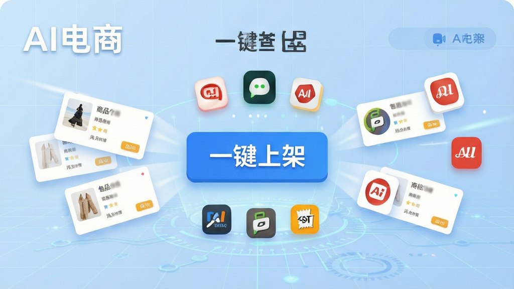 一键商品上架功能示意图,画面展示AI电商软件操作界面,中央有一个醒目的“一键上架”按钮,周围环绕多个电商平台图标,商品信息卡片从左侧飞向右侧平台,背景为淡蓝色科技感网格,风格现代简约,排版动感流畅,细节清晰,画质干净,无多余元素,图片中文字标注“AI电商”和“一键上架”
