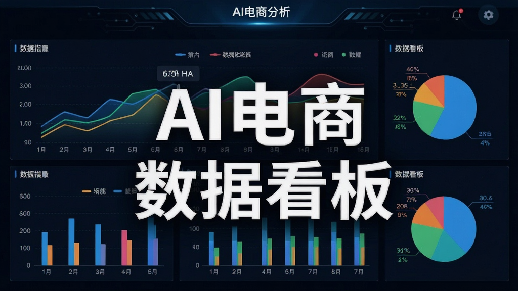 数据化运营看板功能展示图,画面为AI电商软件的数据分析页面,包含折线图、柱状图、饼图等多种图表,数据指标清晰可见,背景为深色科技风,图表颜色鲜明,排版整齐,细节丰富,画质干净,无多余元素,图片中文字标注“AI电商”和“数据看板”