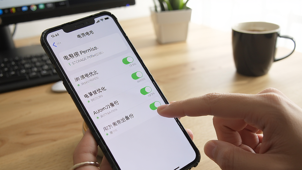 一部手机屏幕显示网上电费记录的设置界面,界面上有存储权限、电池优化、自动备份等选项开关,手机旁边有一只手正在点击屏幕,背景为室内桌面环境,光线明亮,风格写实,画质清晰,无多余元素