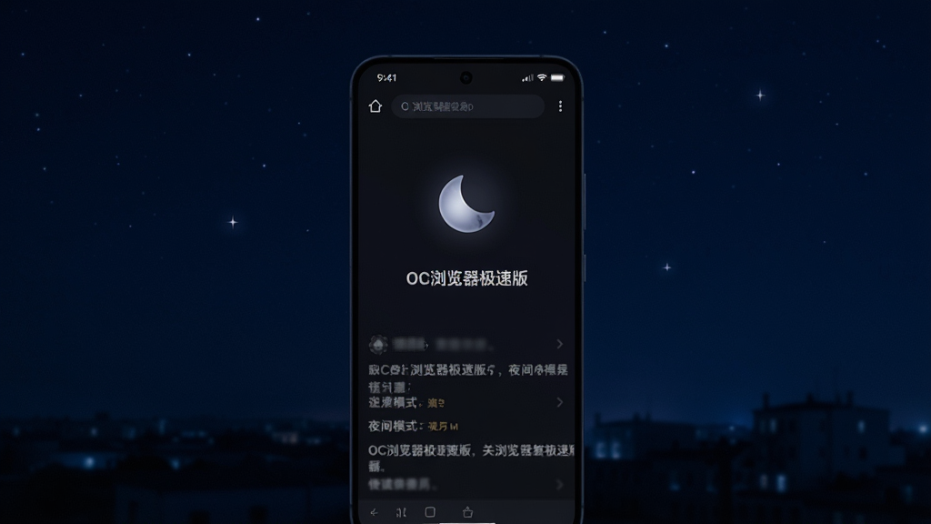 主体为一部手机在黑暗环境中显示夜间模式网页,深色背景配浅色文字,屏幕柔和不刺眼;布局为手机竖屏居中,背景为深蓝色夜晚氛围;排版采用中心构图,手机屏幕为视觉焦点;风格为暗色调科技风;细节包括屏幕上的月亮图标、