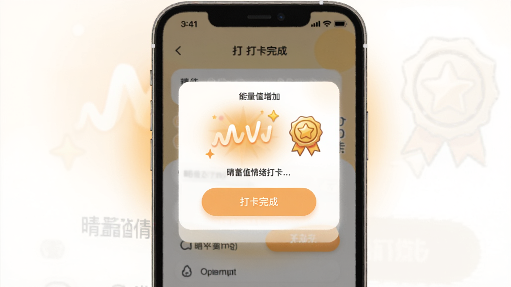 晴蓄值情绪打卡功能界面图,主体为手机屏幕展示打卡完成弹窗,布局中央是能量值增加动画和徽章图标,排版简洁,风格清新温暖,细节包含柔和的橙黄色光晕、圆角按钮、细腻阴影,画质高清,干净,无多余元素