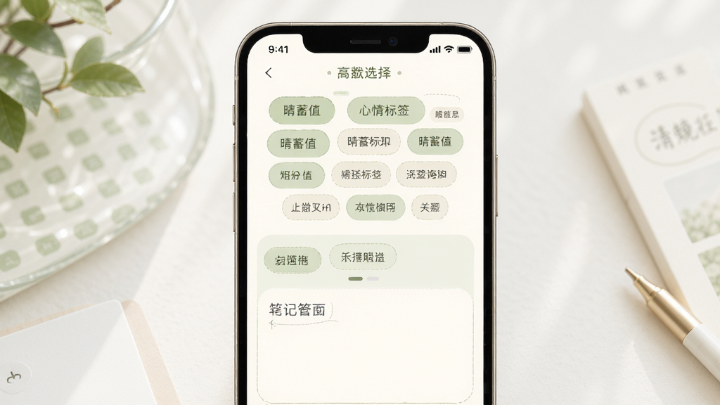 晴蓄值心情标签与笔记界面图,主体为手机屏幕展示标签选择面板和笔记输入框,布局上方为标签云,下方为文本输入区,排版整齐,风格柔和清新,细节包含淡绿色和米白色调、圆角标签、细腻描边,画质高清,干净,无多余元素