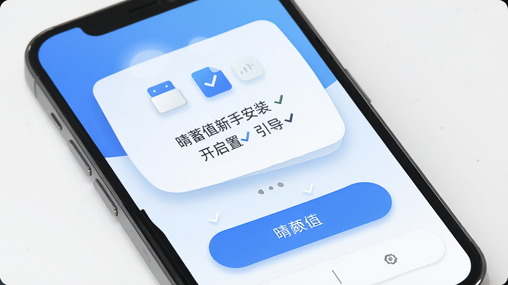 晴蓄值新手安装设置界面图,主体为手机屏幕展示权限开启引导页,布局上方为图标和文字说明,下方为按钮,排版简洁,风格清爽蓝色调,细节包含圆角卡片、对勾图标、柔和阴影,画质高清,干净,无多余元素