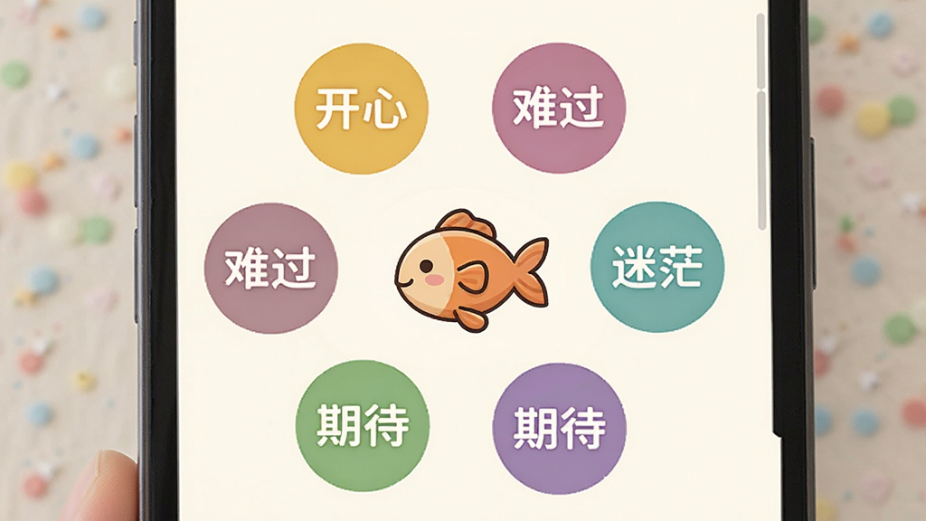 画面展示一个手机界面风格的布局,屏幕中排列着多个彩色圆形标签,标签上分别写着“开心”“难过”“迷茫”“期待”等字样,标签围绕中心一条卡通小鱼排列,背景为米白色,风格清新扁平,画质干净,无多余元素