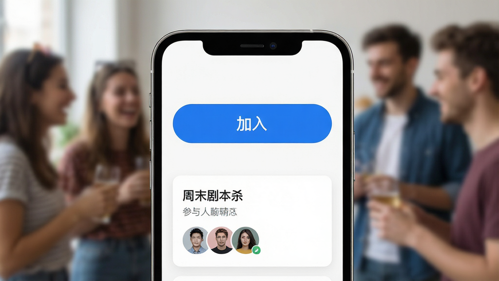 ����һ��չʾ���ڳ�������һ�����ټ��빦�ܵ�ͼƬ����������Ϊ�ֻ���Ļ��д����Ļ����һ����Ŀ�ġ����롱��ť����ť�·��ǻ���鿨Ƭ����ʾ����ơ���ĩ�籾ɱ���Ͳ�����ͷ�񣬱���Ϊ�黯���罻���������Ϊ�ִ�UI���չʾ�������������ɾ����޶���Ԫ��