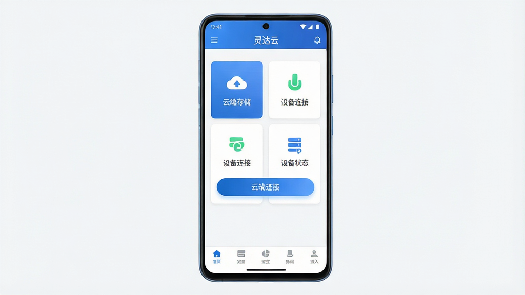 一张展示“灵达云”软件主界面的手机样机图,画面中央是一部竖屏安卓手机,屏幕内显示“灵达云”应用首页,界面包含云端存储卡片、设备连接状态图标和底部导航栏,整体布局简洁清晰,排版采用居中对称方式,风格为现代科技感扁平化设计,细节上突出蓝色渐变按钮和白色背景的对比,画质高清,画面干净,无多余元素