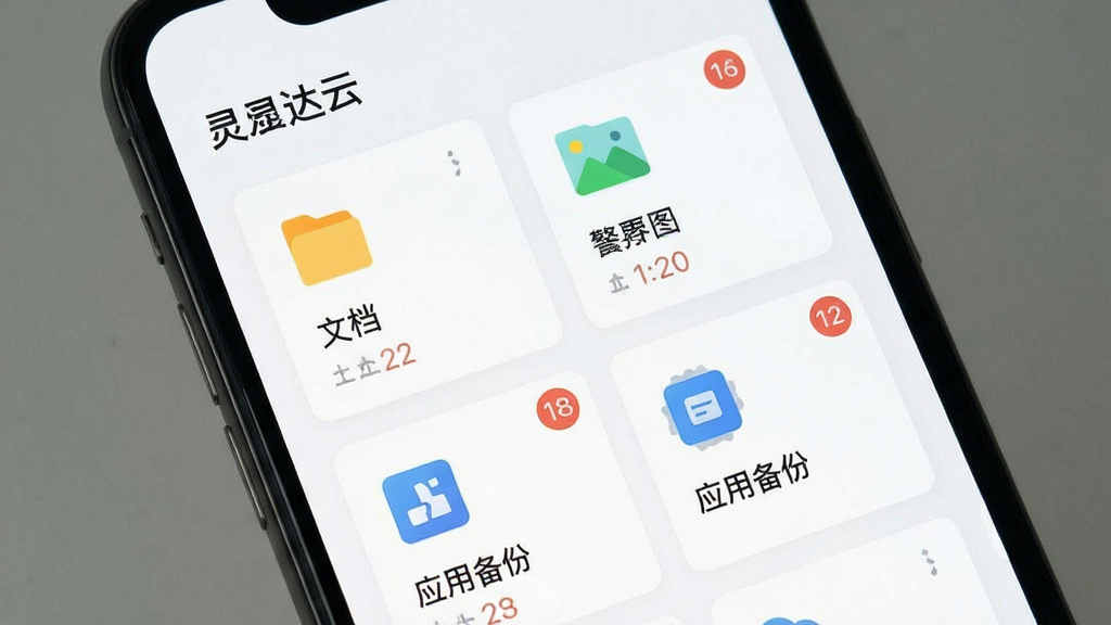 一张“灵达云”云端资源管理界面的手机截图,画面主体为手机屏幕,屏幕内展示多个资源分类卡片,包括文档、图片、应用备份等模块,布局采用网格排列,风格为清爽的浅色系扁平化设计,细节上每个卡片带有小图标和数量角标,画质清晰,画面干净,无多余元素