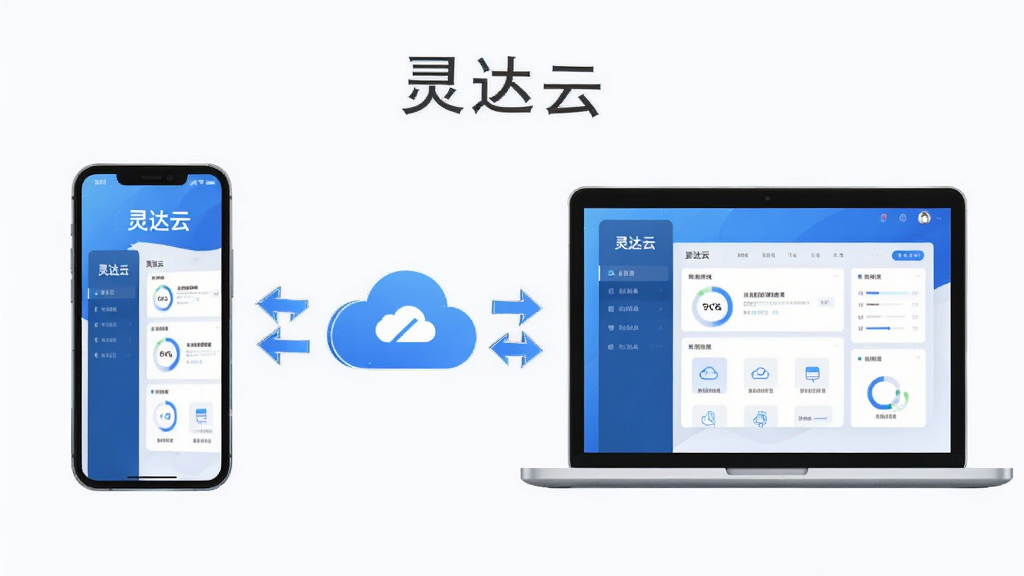 一张展示“灵达云”多端协同概念的示意图,画面左侧为手机,右侧为笔记本电脑,中间用云朵图标和双向箭头连接,布局为左右对称,风格为简约科技插画风,细节上设备屏幕内均显示“灵达云”界面元素,画质高清,画面干净,无多余元素