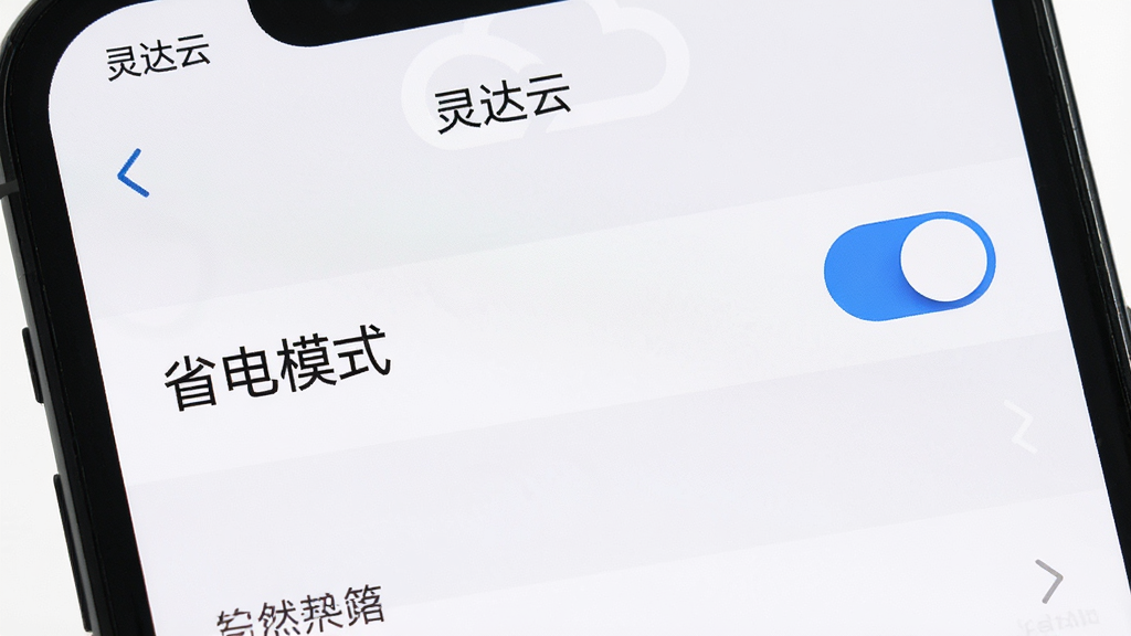 一张展示“灵达云”省电模式设置的手机界面图,画面主体为手机屏幕,屏幕内显示设置选项列表,其中“省电模式”开关处于开启状态,布局为纵向列表,风格为极简浅色UI,细节上开关按钮为蓝色高亮,画质清晰,画面干净,无多余元素