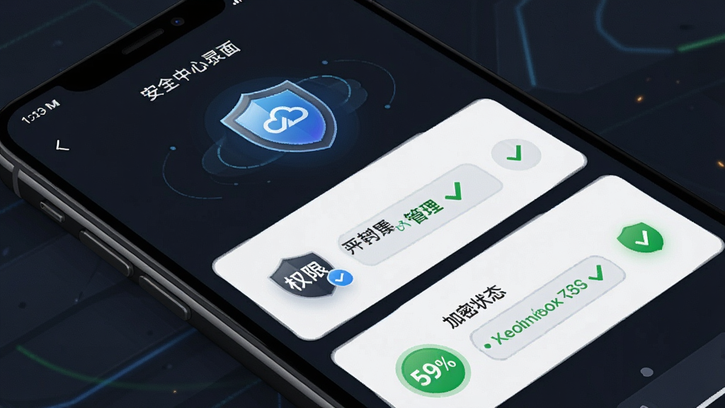 一张“灵达云”安全中心界面的手机截图,画面主体为手机屏幕,屏幕内展示安全评分、权限管理入口和加密状态标识,布局为上下结构,风格为深色系安全主题,细节上盾牌图标和绿色对勾突出,画质清晰,画面干净,无多余元素