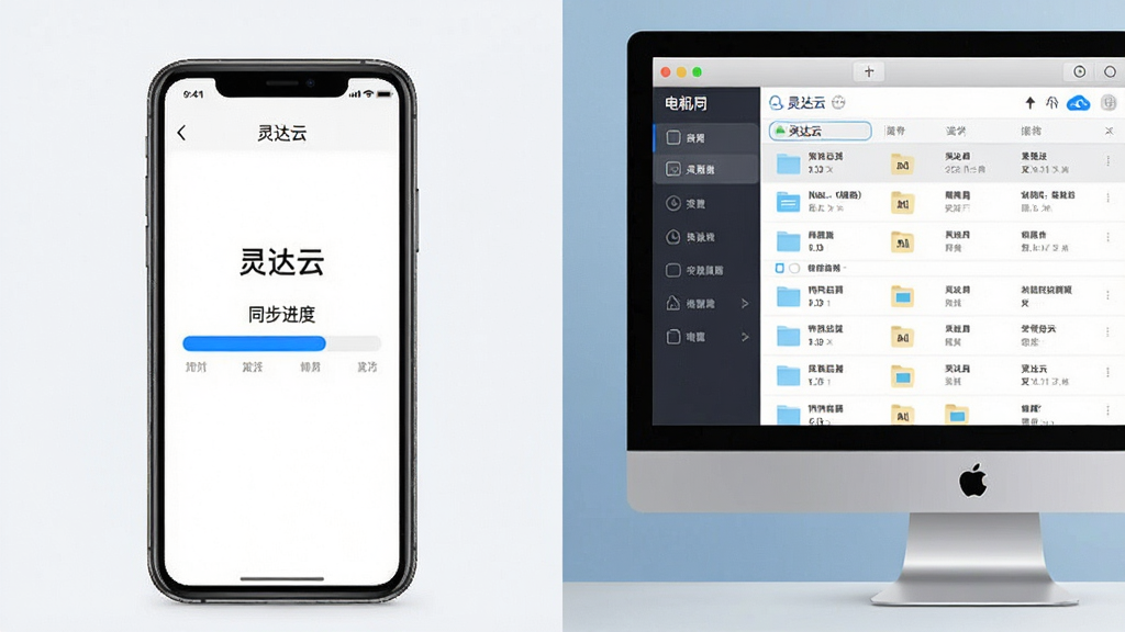 一张展示“灵达云”在手机和电脑上同步操作的对比图,画面左侧为手机界面显示同步进度条,右侧为电脑界面显示文件列表,布局为左右并列,风格为简约办公风,细节上进度条为蓝色填充,画质高清,画面干净,无多余元素