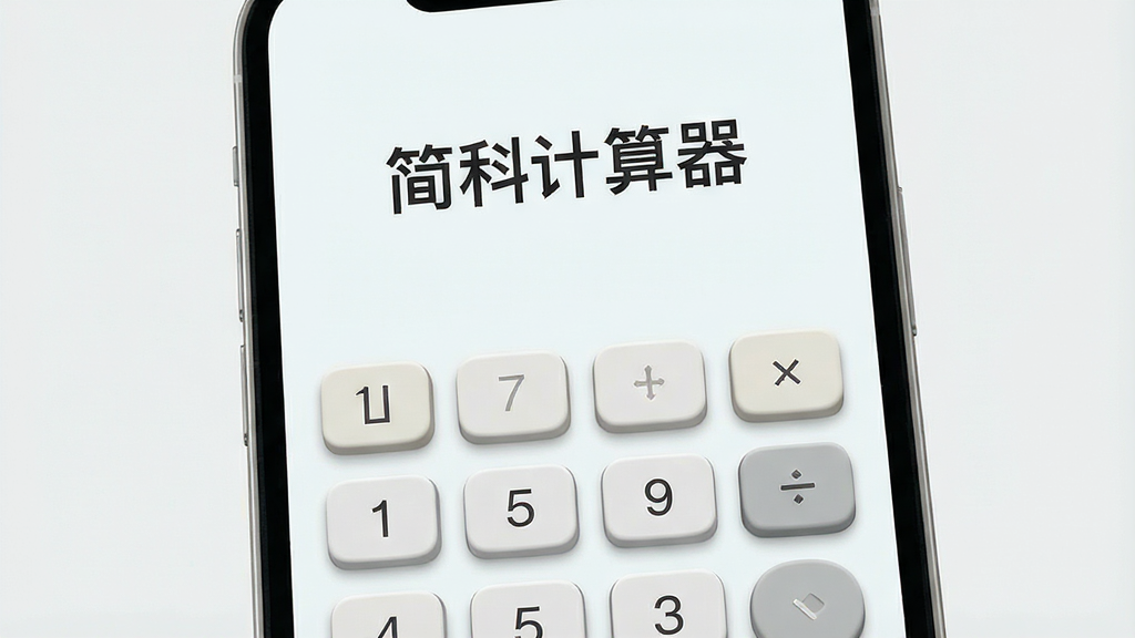 一张展示简科计算器极简界面的AI生图,画面主体为一部手机,手机屏幕上显示“简科计算器”五个字,下方是清爽的按键网格,布局采用居中排版,风格清新浅色,细节上按键带有轻微立体感,画质干净无杂乱背景