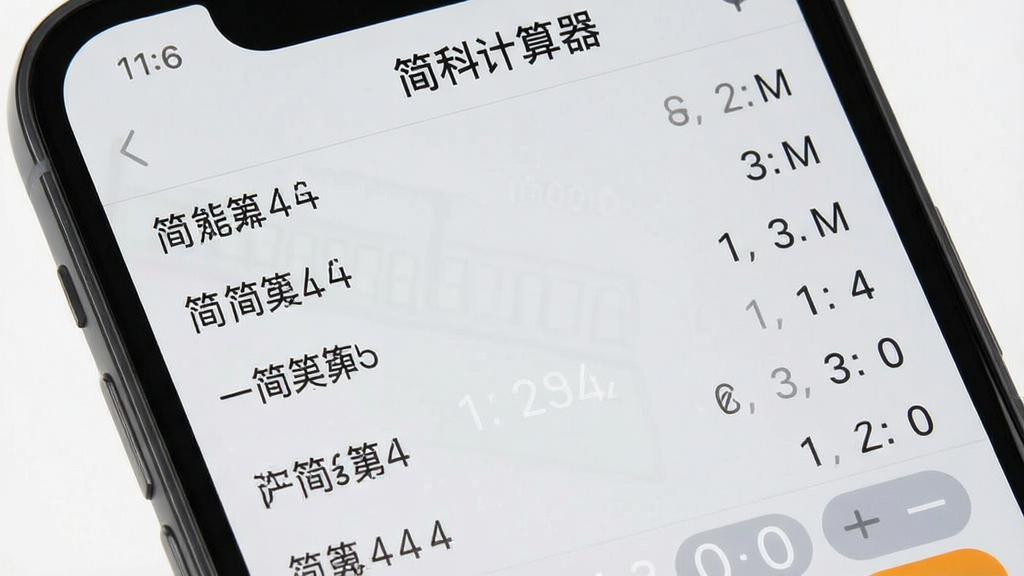 一张手机截图风格的图片,展示简科计算器的历史记录页面,画面中有一条条算式列表,顶部有“简科计算器”文字标识,背景为浅灰色,排版整齐,风格素雅极简,细节清晰,画质干净