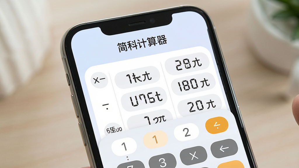 一张展示简科计算器单位换算功能的AI图片,画面主体为手机屏幕,屏幕上显示长度单位换算界面,有“简科计算器”标题,布局为上下结构,风格柔和圆角,细节上数值和单位标签清晰可见,画质干净清爽