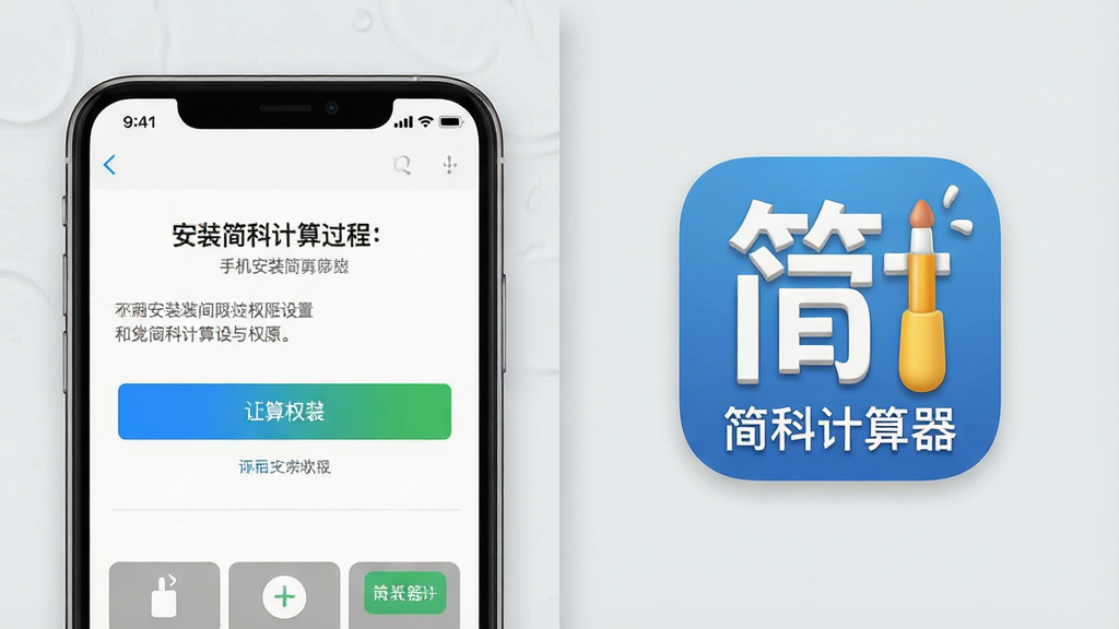 一张展示手机安装简科计算器过程的示意图,画面中手机屏幕显示安装权限设置页面,旁边有“简科计算器”图标,布局为左右分栏,风格浅灰质感,细节上按钮和文字清晰,画质干净无多余元素