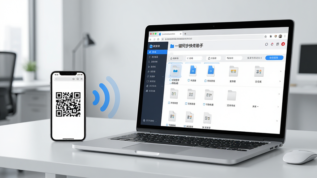 一张办公桌上放着一台打开的笔记本电脑和一部手机,电脑屏幕上显示着网页版“一键同步快传助手”的文件管理界面,手机屏幕显示二维码,两者之间有无线信号波纹连接,背景为现代简约办公环境,风格为写实商务插画,细节上电脑界面展示文件列表,画质清晰,干净,无多余元素