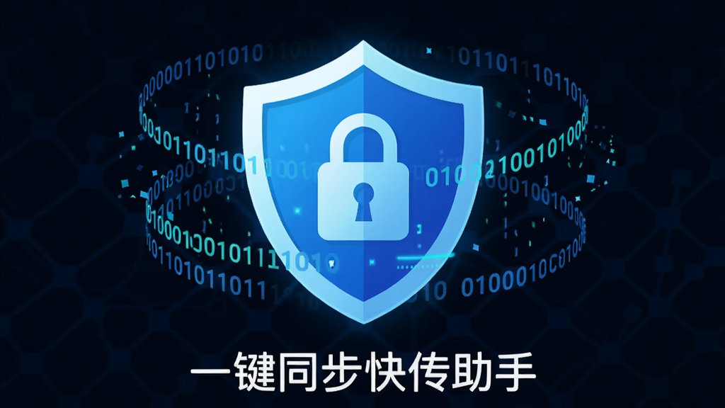 画面中央是一个发光的盾牌图标,盾牌内部有一把锁,盾牌周围环绕着数据流和二进制代码,背景为深色科技感网格,风格为安全主题的扁平插画,细节上盾牌下方显示“一键同步快传助手”字样,画质清晰,干净,无多余元素