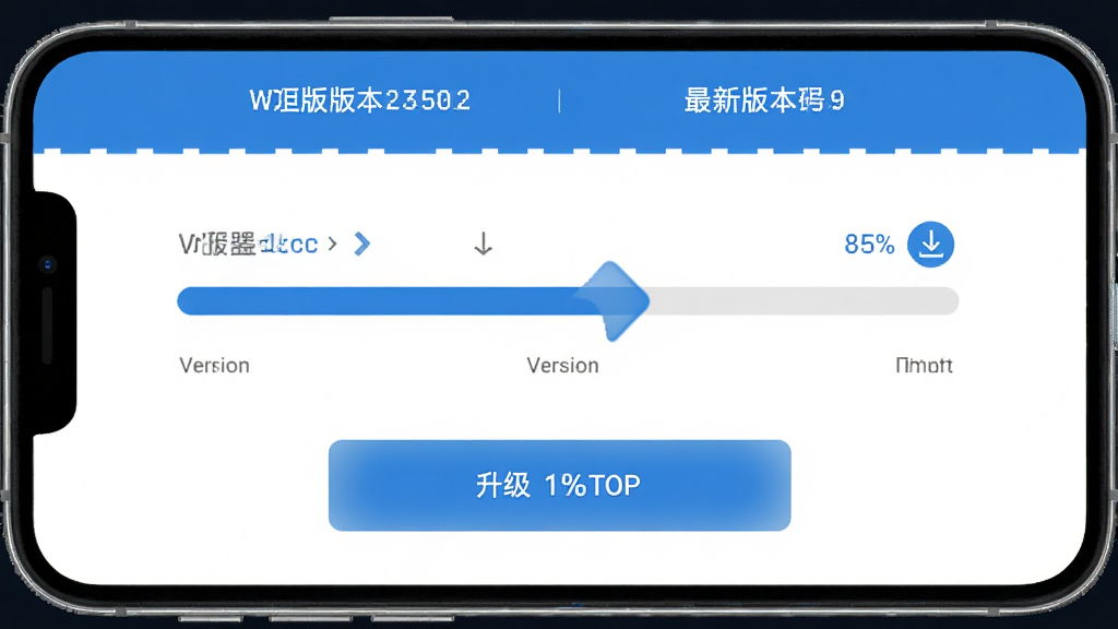 WHEELTOP固件升级功能界面,主体为手机屏幕显示升级进度条和版本信息,布局为顶部显示当前版本号和最新版本号,中部为进度条动画,底部为升级按钮,排版层次分明,风格为简约蓝色调,细节包括版本对比箭头、下载图标、进度百分比,画质高清,干净无多余元素