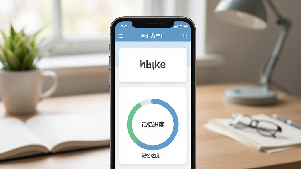 全汇背单词软件主界面展示,画面中央是手机屏幕,屏幕内显示单词卡片和记忆进度环,背景是整洁的书桌场景,柔和自然光,扁平化设计风格,画面干净无多余元素,高清画质