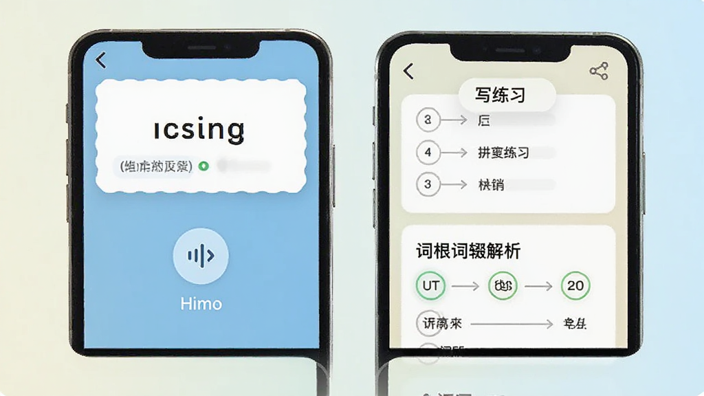 全汇背单词多维度学习模式展示,画面中手机屏幕分为几个区域,分别展示单词卡片、发音图标、拼写练习和词根词缀解析,背景为淡雅浅色,UI设计简洁现代,画面干净,高清画质