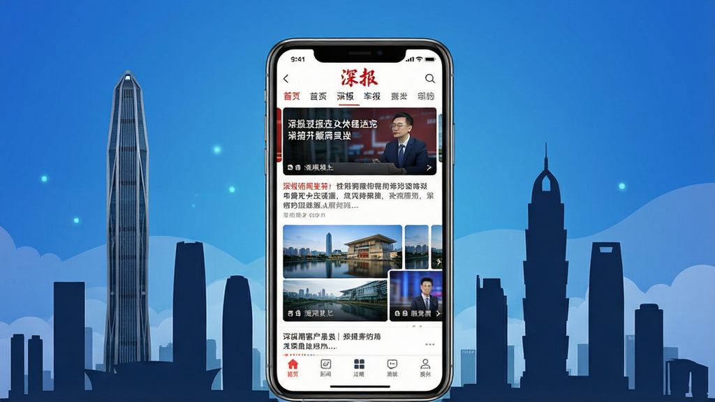 一幅展示深报新闻客户端核心功能的宣传图,画面中央放置一部智能手机,手机屏幕上显示深报APP的首页界面,包含新闻头条、图片轮播和导航栏,手机周围环绕着深圳城市地标建筑如平安金融中心、地王大厦的剪影,背景用蓝色渐变体现科技感,画面风格简洁商务,细节清晰,画质高清,干净无多余元素,图片中文字“深报”清晰可见