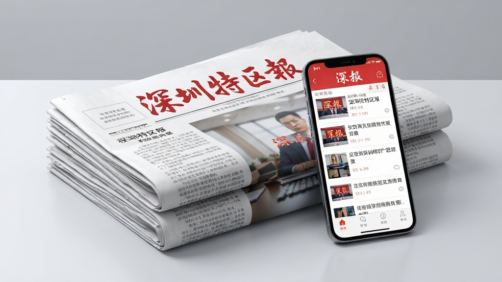 一幅展示深报权威新闻源的AI生图,画面主体为一叠整齐排列的报纸与一部显示深报APP界面的手机并排放置,报纸上隐约可见“深圳特区报”字样,手机屏幕显示新闻列表,背景为简洁的浅灰色工作室桌面,风格商务专业,细节丰富,画质高清,干净无多余元素,图片中文字“深报”清晰可见