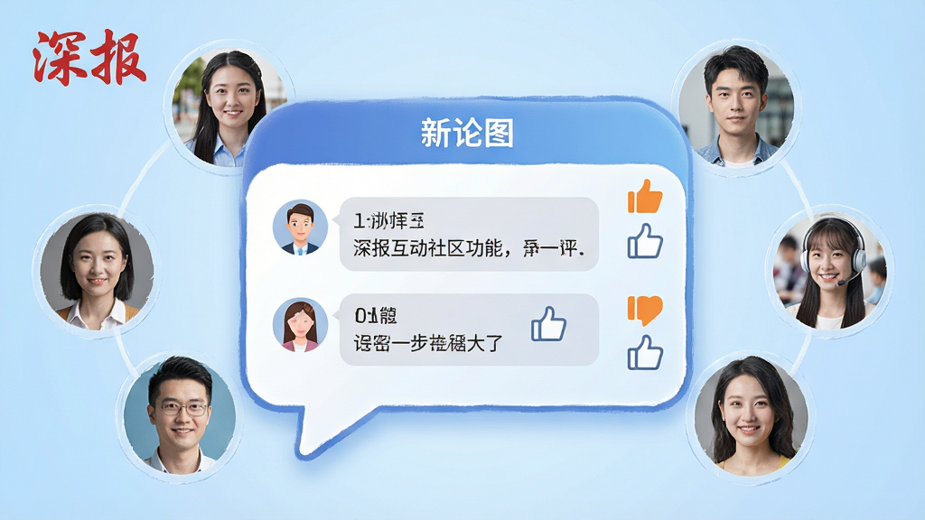 一幅展示深报互动社区功能的AI生图,画面主体为多个人物头像围绕一个新闻评论区气泡,气泡内显示评论和点赞图标,背景为淡蓝色渐变,风格社交化,细节丰富,画质高清,干净无多余元素,图片中文字“深报”清晰可见