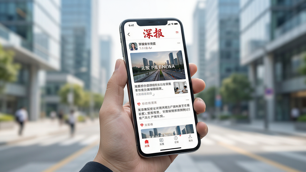 一幅展示深报移动端使用场景的AI生图,画面主体为一只手拿着智能手机,手机屏幕显示深报APP的新闻阅读界面,背景为模糊的现代城市街景,光线明亮,风格生活化,细节清晰,画质高清,干净无多余元素,图片中文字“深报”清晰可见
