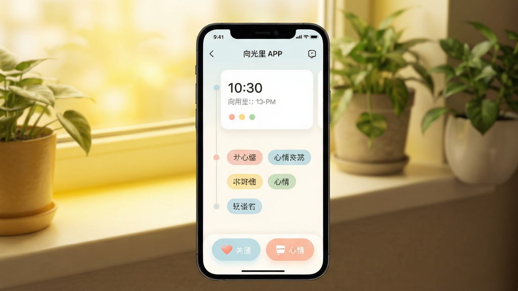 一幅温暖治愈风格的手机应用界面展示图,主体为一部智能手机,屏幕显示向光里APP的首页,页面布局简洁清新,包含时间线卡片、柔和色调的心情标签和圆润的图标按钮,背景是带有暖黄色光晕的窗台与绿植,整体排版居中,风格温馨写实,细节上屏幕内文字清晰可见,画质高清,画面干净,无多余元素