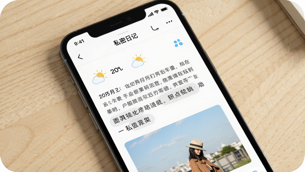 向光里APP私密日记功能界面截图,主体为手机屏幕特写,屏幕内显示一篇带有日期、天气图标、文字段落和一张配图的日记详情页,页面边缘有柔和的阴影,背景为浅色木质桌面,排版整洁,风格清新简约,细节上文字清晰、图标精致,画质高清,画面干净,无多余元素