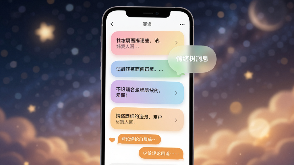 向光里APP情绪树洞页面示意图,主体为手机屏幕,屏幕内显示匿名倾诉卡片列表,每张卡片带有柔和渐变色背景和简短的文字内容,底部有温暖的评论回复气泡,背景为模糊的星空与暖光,排版错落有致,风格治愈梦幻,细节上卡片圆角柔和、文字清晰,画质高清,画面干净,无多余元素