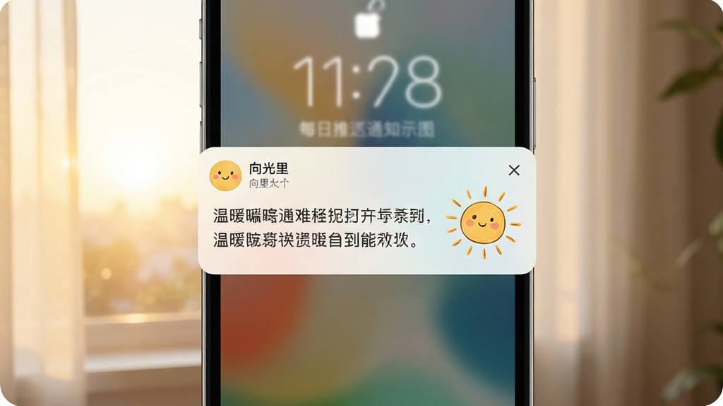 向光里APP每日推送通知展示图,主体为手机锁屏界面,屏幕中央弹出一条来自向光里的通知卡片,卡片上写着温暖的短句并配有手绘风格的太阳插画,背景为清晨窗外的柔和光线,排版居中,风格温暖治愈,细节上文字清晰、插画可爱,画质高清,画面干净,无多余元素