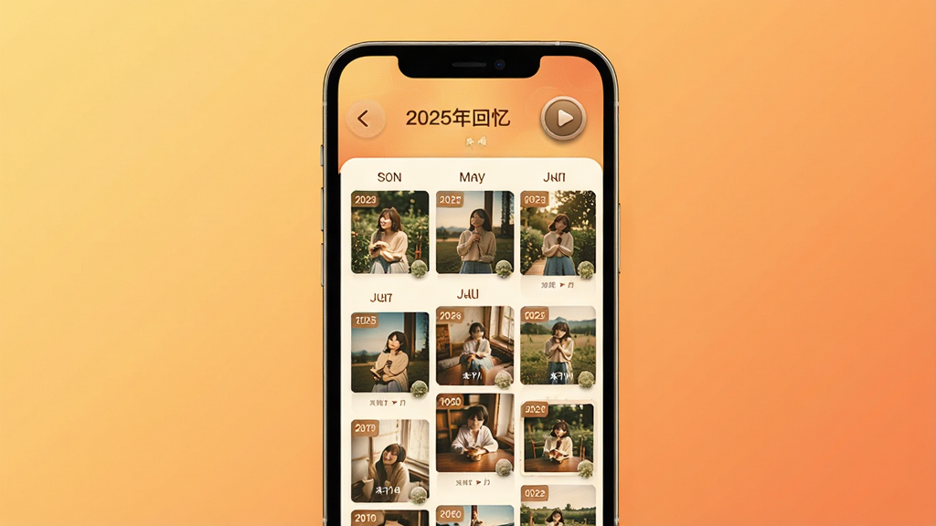 向光里APP时光相册功能界面图,主体为手机屏幕,屏幕内显示以月份为单位的照片墙瀑布流,每张照片带有日期角标,顶部有“2025年回忆”字样和播放按钮,背景为暖色调的渐变,排版整齐美观,风格怀旧温馨,细节上照片清晰、按钮有质感,画质高清,画面干净,无多余元素