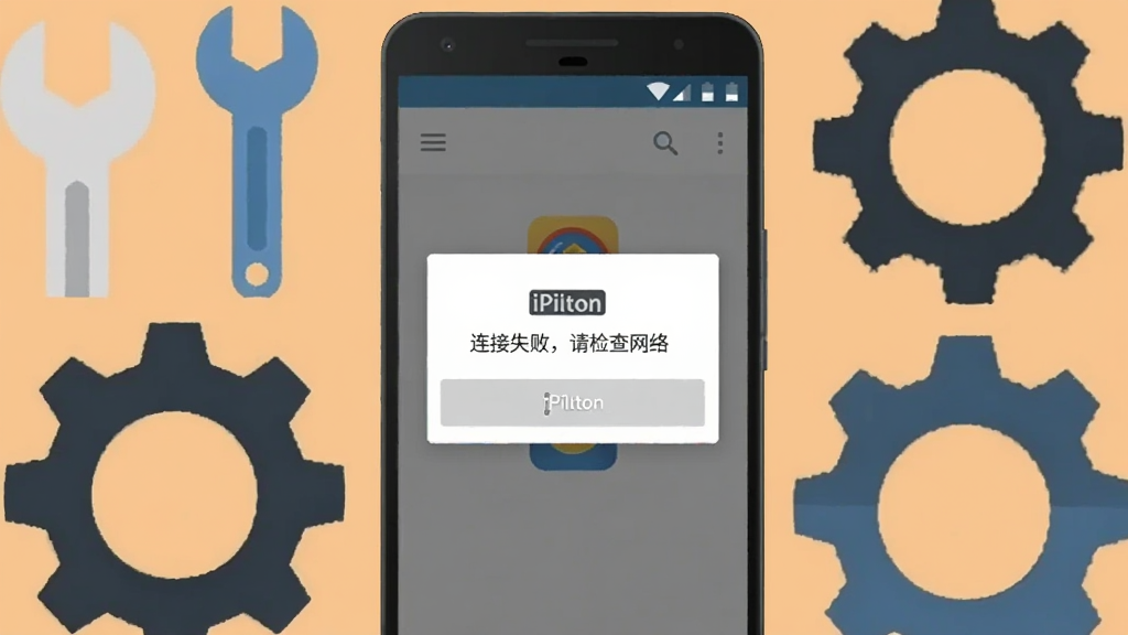 主体为一部安卓手机显示iPilton的错误提示弹窗,布局上手机位于画面中央,周围环绕着扳手与齿轮图标,排版采用居中构图,风格为扁平化插画风,细节上弹窗文字为“连接失败,请检查网络”,画质清晰干净,无多余元素,背景为浅橙色。