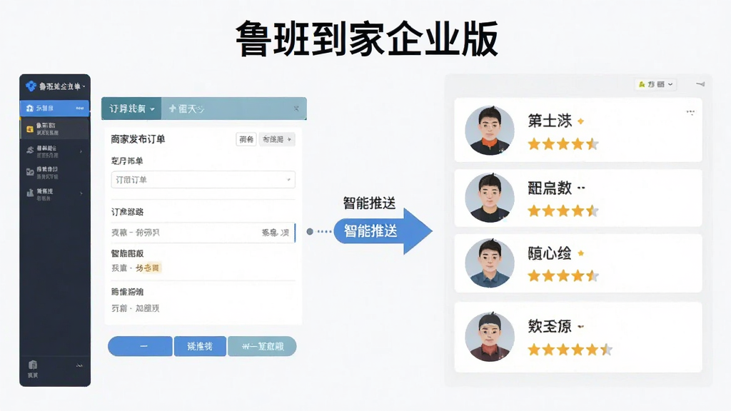 一张展示鲁班到家企业版订单智能匹配功能的界面示意图,画面左侧为商家发布订单的表单,右侧为多位师傅头像及评分列表,中间用箭头连接表示智能推送,整体布局清晰,风格扁平化商务,细节丰富,画质干净,无多余元素,图片中标注文字“鲁班到家企业版”