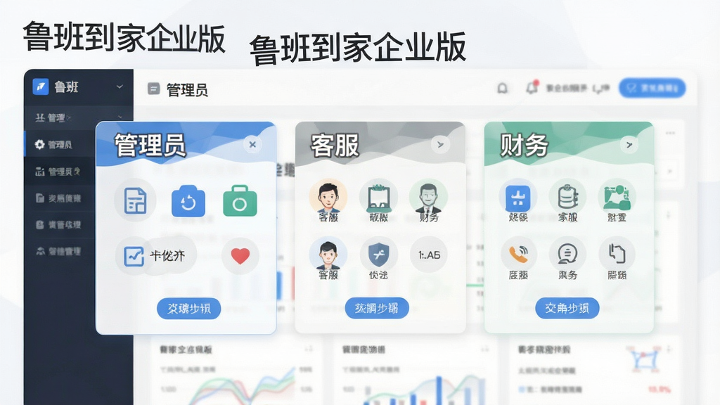 一张展示鲁班到家企业版多角色协同管理后台的界面图,画面中显示管理员、客服、财务三个角色卡片,各自拥有不同权限图标,布局整齐,风格商务简约,细节清晰,画质干净,无多余元素,图片中标注文字“鲁班到家企业版”